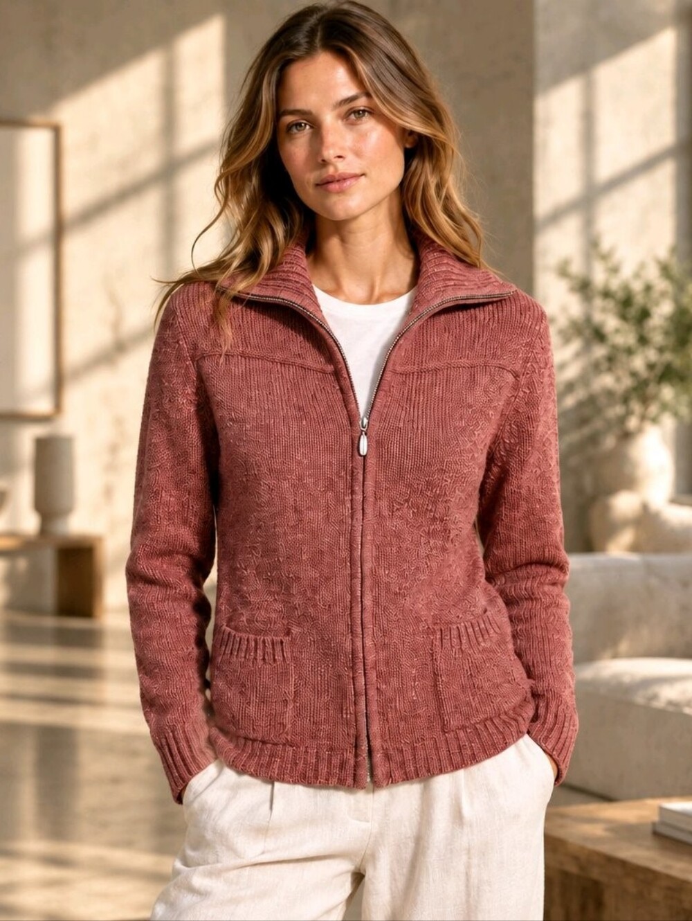 Eddie Bauer Heathered Red Cotton Full-Zip Cardigan Sweater with Pockets